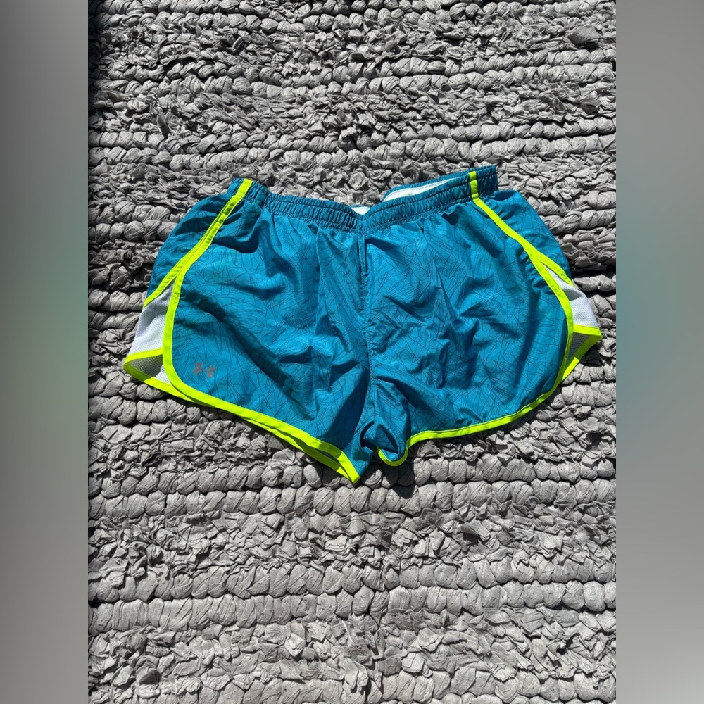 Like new Women's Under Armour Blue and Neon Green Lined Athletic Shorts